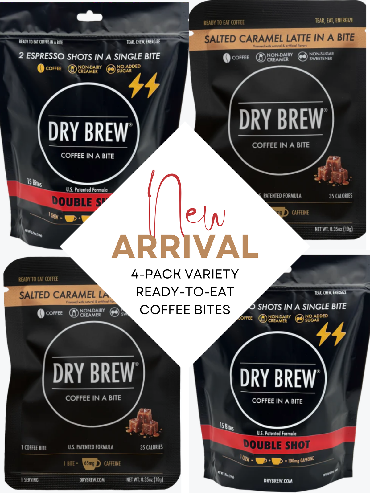 Dry Brew Coffee Bites 4‑Pack Variety: Salted Caramel Latte + Double Shot Caffeine